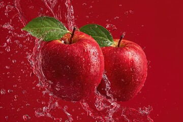 Two vibrant red apples, glistening with water droplets, suspended mid-air amidst a dynamic splash against a deep red backdrop.  Leaves cling to their stems