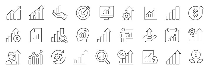 Growth thin line icons set. Improvement, growing graph icon. Editable stroke. Vector