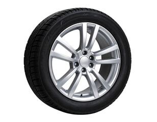 Obraz premium Angled Side View of Low-Profile Sports Tire with Alloy Rim, Transparent Background