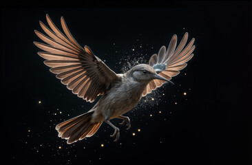 Obraz premium Bird in flight showcasing its wings and grace with sparkling dust illuminating the background during a midday moment