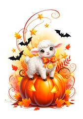 Fototapeta premium Cute Lamb on Pumpkin with Bats and Fall Leaves for Halloween and Autumn Illustration Art