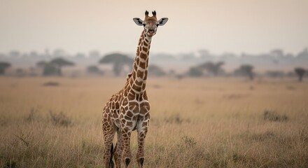 Fototapeta premium A giraffe standing in a field of tall grass looking directly at the viewer in natural light