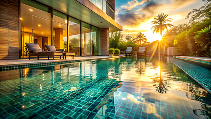 Luxurious resort swimming pool reflecting a vibrant sunset with palm trees and modern architecture creating a serene tropical paradise