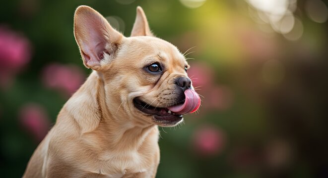 A tan french bulldog with its tongue out looking to the side in a garden setting with pink flowers