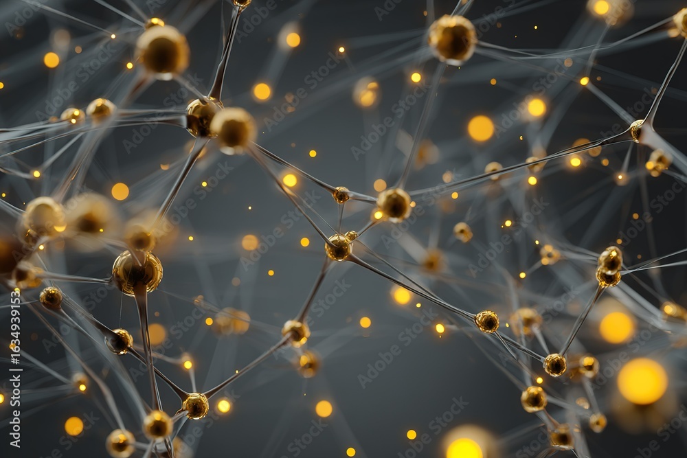 Wall mural abstract representation of molecular structure with glowing particles in a dark setting