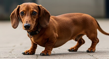 A dachshund with brown fur and floppy ears standing on a concrete surface looking at the camera