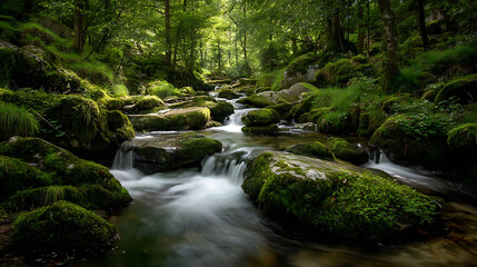 Obraz premium Lush forest stream with mossy rocks and cascading water image