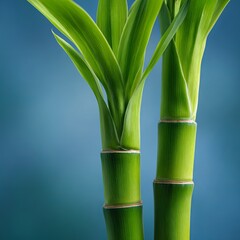 Obraz premium A close-up of bamboo, its green and brown stripes contrasting against the vibrant background. The focus is on one slender, straight piece of wood with visible textures and details.