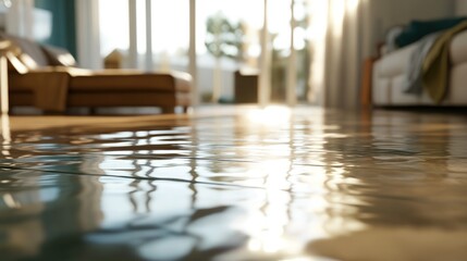 Water damage on wood floor in modern home interior
