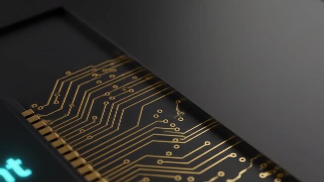 Shiny black computer chip displaying Assistant AI in bright blue light against a gold circuit board suggesting advanced artificial intelligence technology - Powered by Adobe