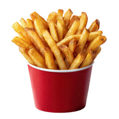 Delicious golden french fries in a red paper container isolated on transparent background