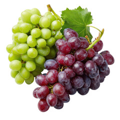 Fototapeta premium Two bunches of fresh grapes, red and green, isolated on transparent background
