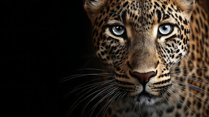 Naklejka premium Majestic leopard with piercing blue eyes and detailed fur against a dark background animal wildlife