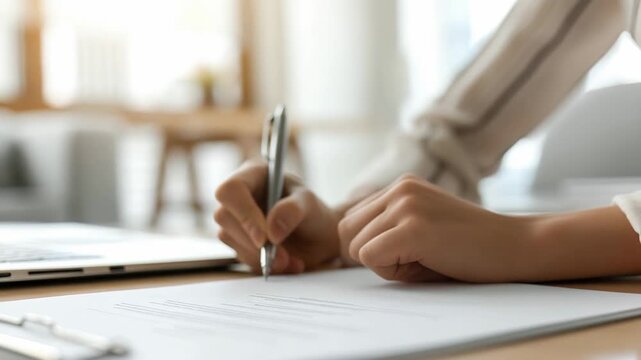 Person signing contract, focus on hand with pen, blurred background