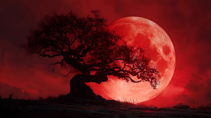 Gnarled tree silhouette against a vast blood moon branches