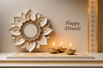 Minimal Beige Diwali Greeting with Glowing Diyas and Elegant White Lotus Mandala on Festive Background – AI-Generated