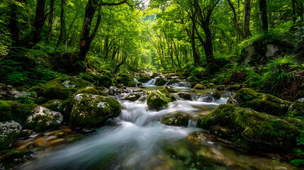 Fototapeta premium Lush forest stream with mossy rocks and flowing water river