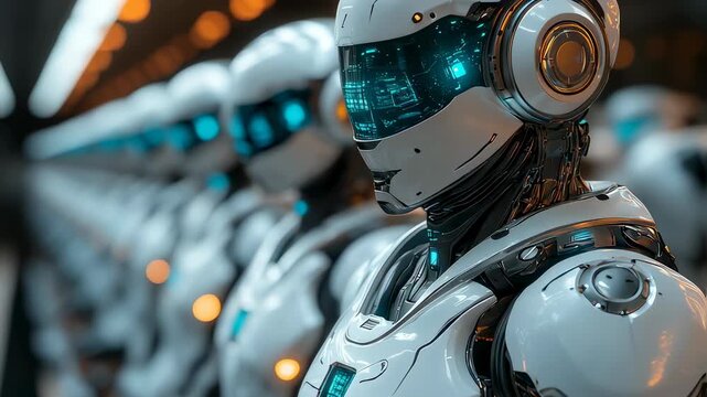 Close-up of futuristic white robots with glowing visors in a row