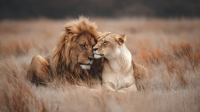 Majestic lion and lioness embracing tenderly in golden savanna grass big cats wildlife - Powered by Adobe