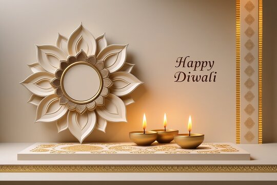 Minimal Beige Diwali Greeting with Glowing Diyas and Elegant White Lotus Mandala on Festive Background – AI-Generated