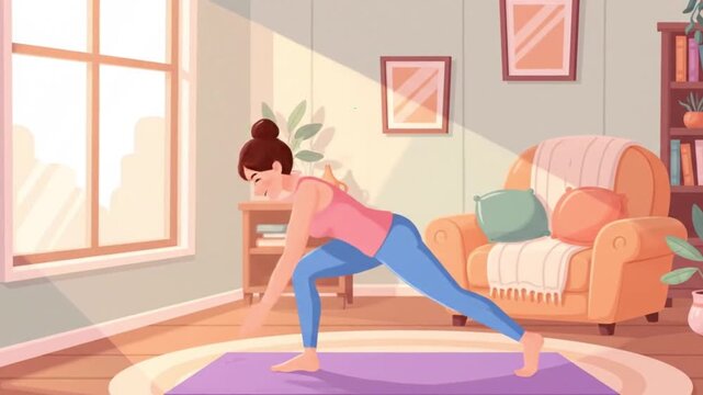 woman doing triangle pose on yoga mat in living room, illustration for wellness or fitness concept, banner or social media