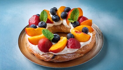 a delicious fruit filled pastry ring topped with cream strawberries blueberries peaches and fresh mint leaves perfect for a fresh and colorful dessert
