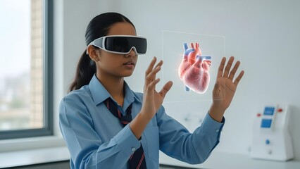 Schoolgirl examining holographic heart with VR headset in lab