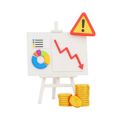 3d icon of financial chart showing a downward trend with a warning sign isolated on transparent background
