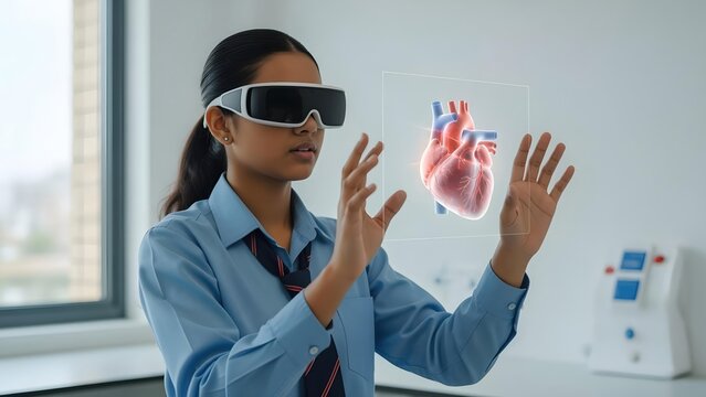 Schoolgirl examining holographic heart with VR headset in lab