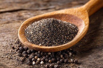 A wooden spoon holds a mound of coarsely ground dark pepper blend, resting on a rustic wooden surface scattered with whole peppercorns