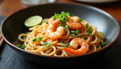 Bowl of noodles topped with shrimp, green onions, and lime slice. Sauced and served in black bowl. Asian cuisine, food blogs, menus, and culinary branding.
