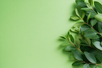 Fototapeta premium Botanical fresh green sprigs on light green background flat lay