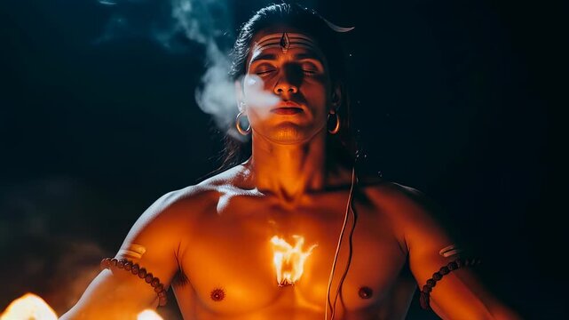 Lord shiva amidst fire and smoke, embodying spiritual energy and divine power, a captivating performance showcasing the essence of hinduism and indian mythology at night