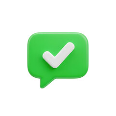 3d icon of green speech bubble with a white check mark isolated on transparent background