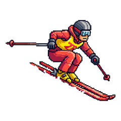 Fototapeta premium 赤いウェアとヘルメットを身に着けたスキーヤーのピクセルアート 黒色の背景に冬のスポーツのベクターイラスト