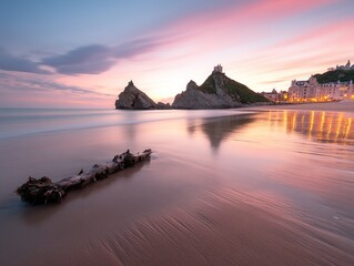 Coastal beach landscape rock formations sunset reflection