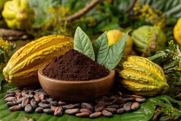 A wooden bowl of dark cocoa powder sits amongst cocoa beans and pods on lush green leaves.  The pods are yellow-green, and the scene is rich and earthy