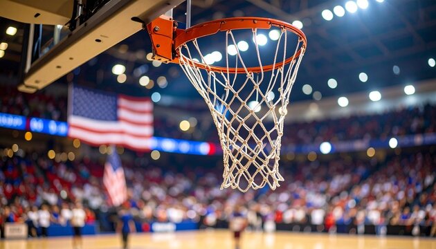  Basketball Hoop in a Stadium with a US Flag