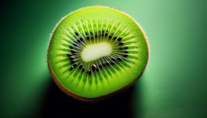 a bright green kiwi slice with visible black seeds and soft textured skin