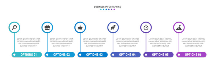 Progress bar featuring 6 arrow-shaped elements, symbolizing the six stages of business strategy and progression. Clean timeline infographic design template. Vector for mobile presentation.