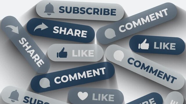 Social Media Buttons Animation. Flying Like Share Subscribe Comment Icons. Dynamic 3D UI Elements in Motion. Engagement Concept for Web, Mobile, Content Promotion, and Interface Design.