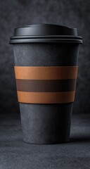 Dark gray paper coffee cup with black lid and brown textured sleeve, sitting on a dark surface against a blurred dark background