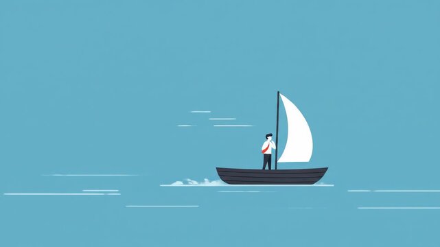 Cartoon businessman sailing boat alone on blue sea towards achieving goals.
