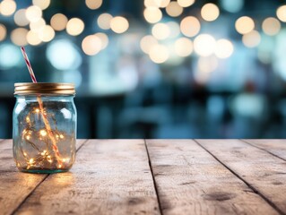 Illuminated string lights in mason jar with straw on wooden surface for festive decoration