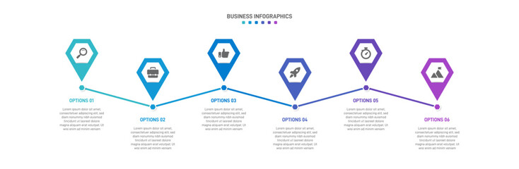 Progress bar featuring 6 arrow-shaped elements, symbolizing the six stages of business strategy and progression. Clean timeline infographic design template. Vector for mobile presentation.