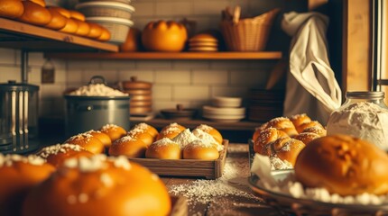 a bakery featuring buns, flours and pastries in warm golden tones