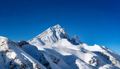 a snowy mountain peak with a clear blue sky above casting shadows on the white slopes below the peak is sharp and bright against the clear blue sky