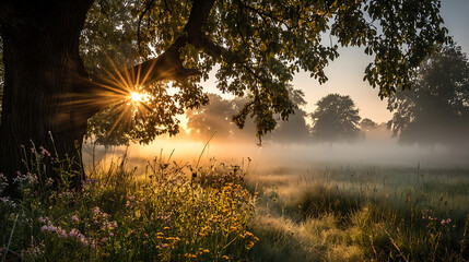 Golden sunbeams pierce through misty meadow foliage illuminating wildflowers and dew kissed grass