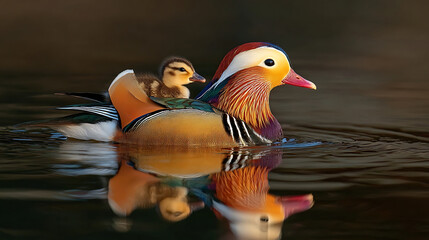 Majestic mandarin duck with chick swimming in calm water duckling reflection
