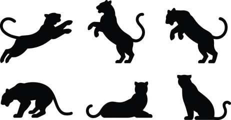 Big cat silhouette set, leaping crouching sitting walking, wild feline poses, black vector icons, animal motion clipart, predator design pack
